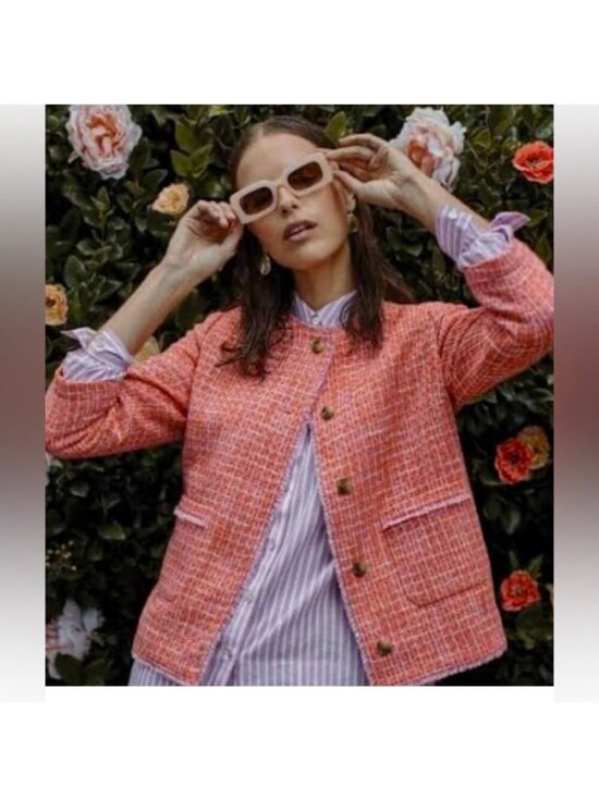 J. Jill Jackets & Blazers - J. Jill Coral Pink Tweed Textured Jacket Fringe Trim Cotton Blend XL